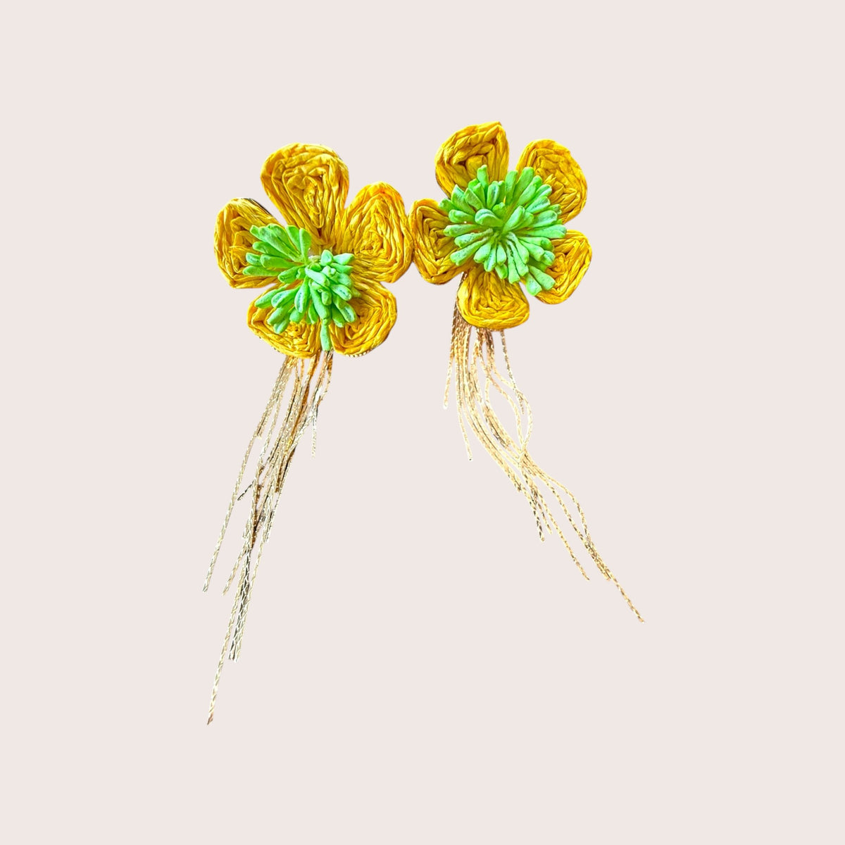 Nitelief Soleil raffia flower earrings in yellow and green with dangling gold-tone accents