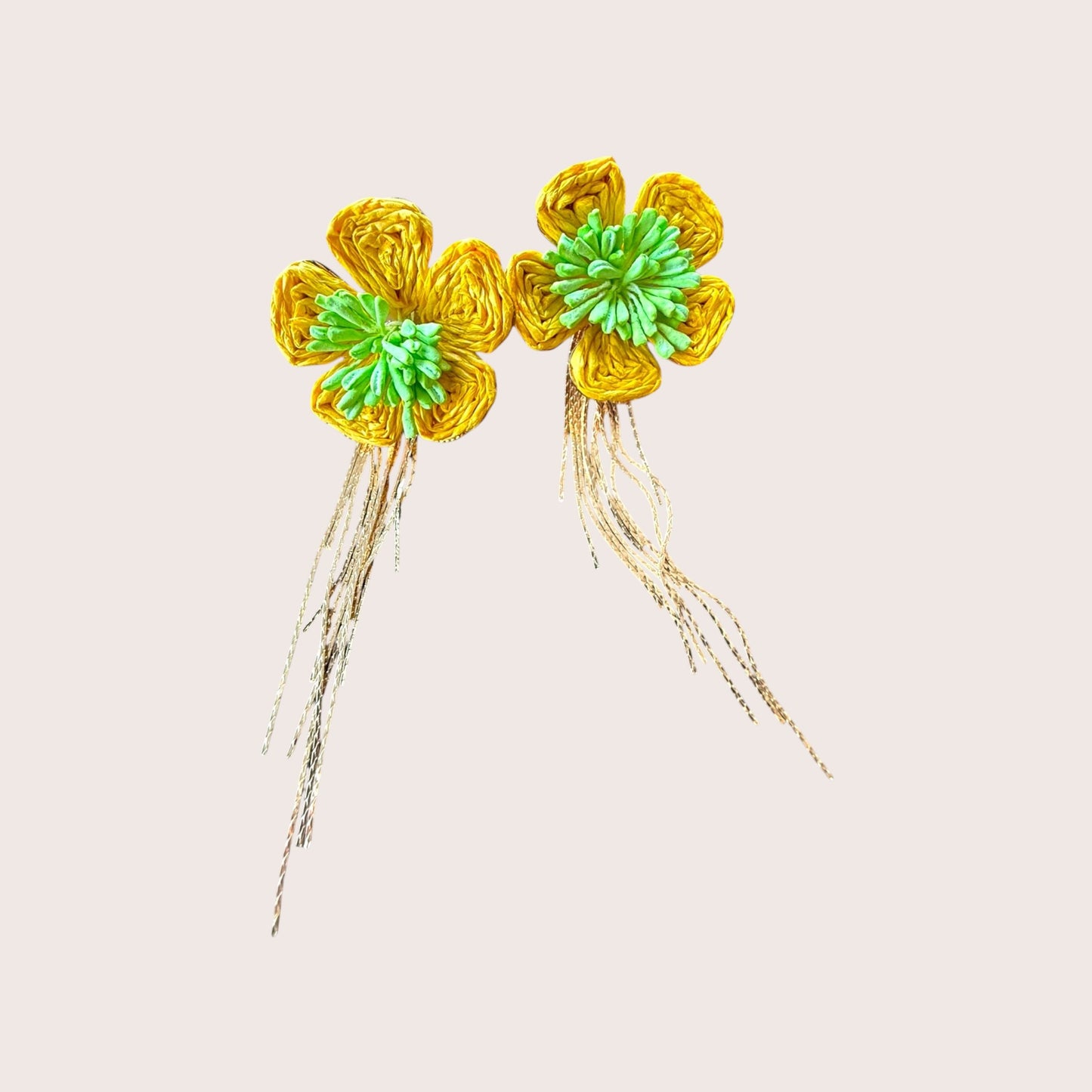 Nitelief Soleil raffia flower earrings in yellow and green with dangling gold-tone threads and stud closure